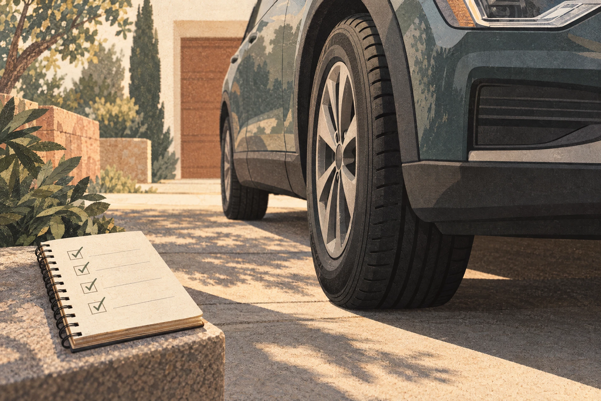 Editorial illustration of an unbranded vehicle tire, headlight edge, and a checklist notebook during a walk-around.