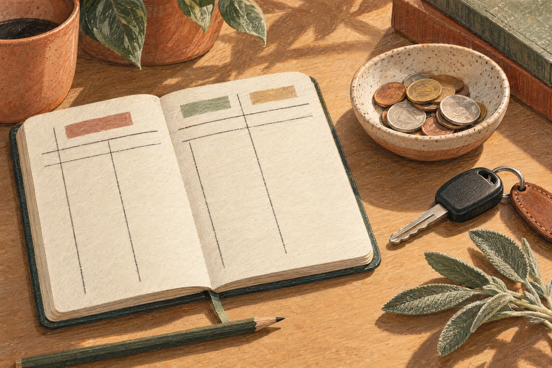 Editorial illustration of a budget notebook, small coin dish, and unbranded car key on a warm desk.