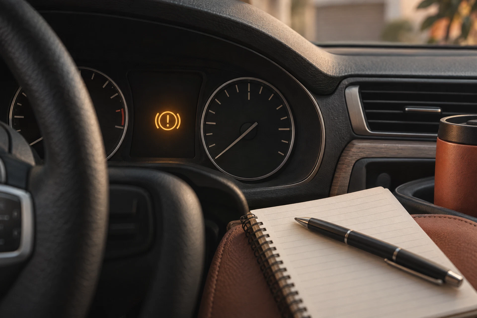 Editorial illustration of a generic dashboard alert beside a notebook and pen in a parked car.