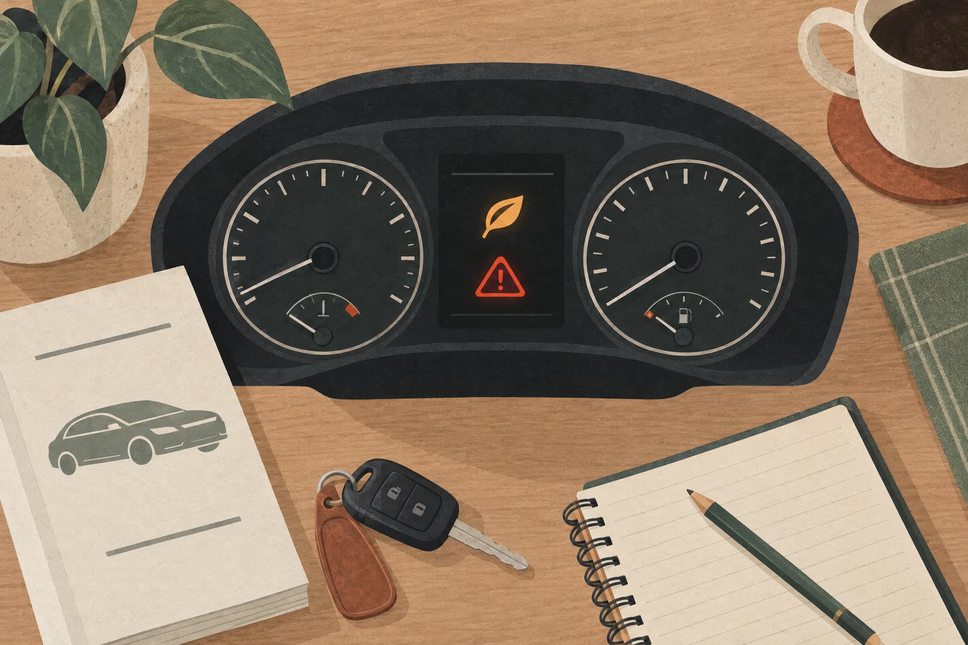 Editorial illustration comparing two abstract dashboard signals with an owner manual and notebook.